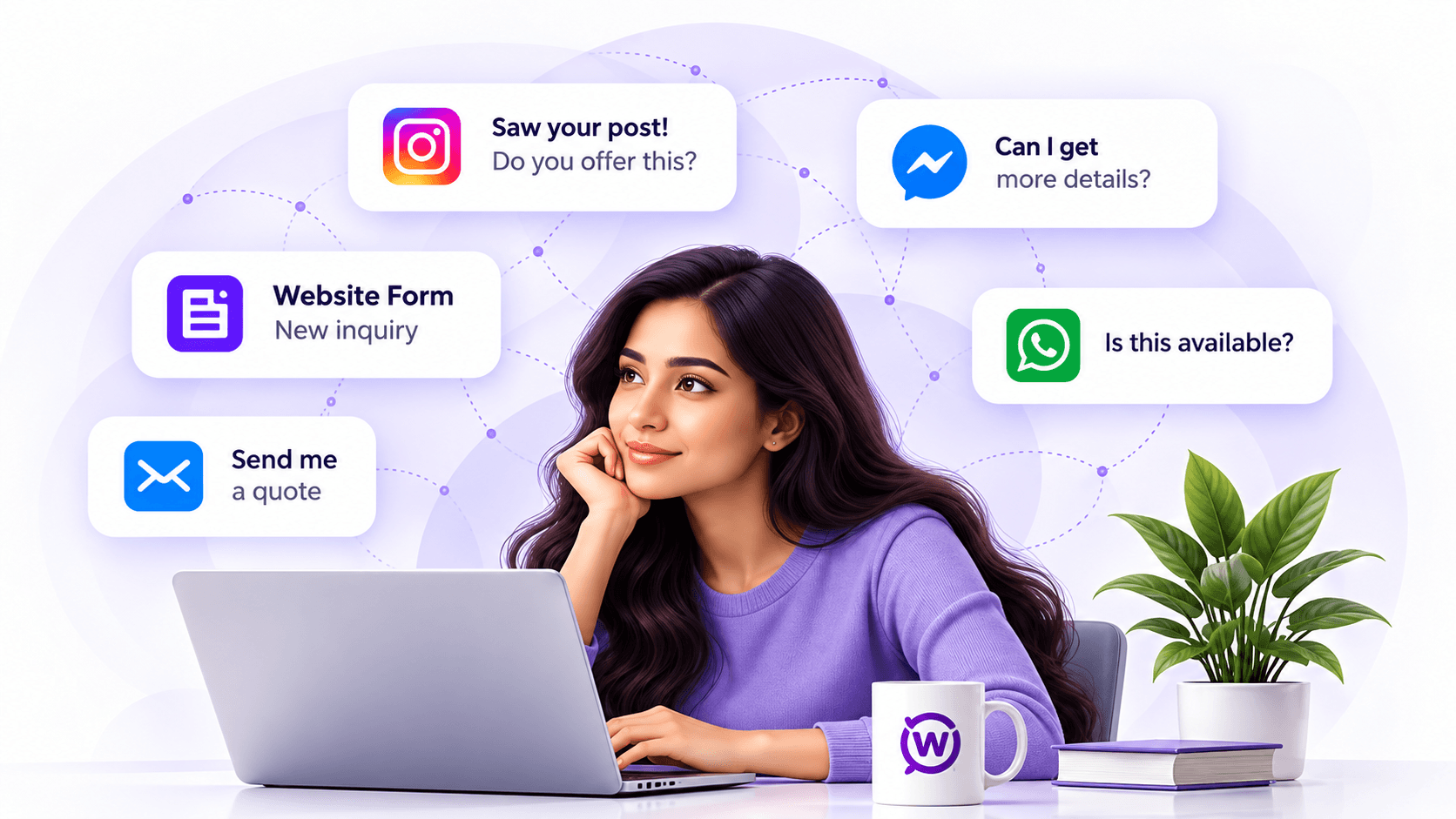 A business owner surrounded by customer messages from Instagram, Messenger, WhatsApp, email and website forms