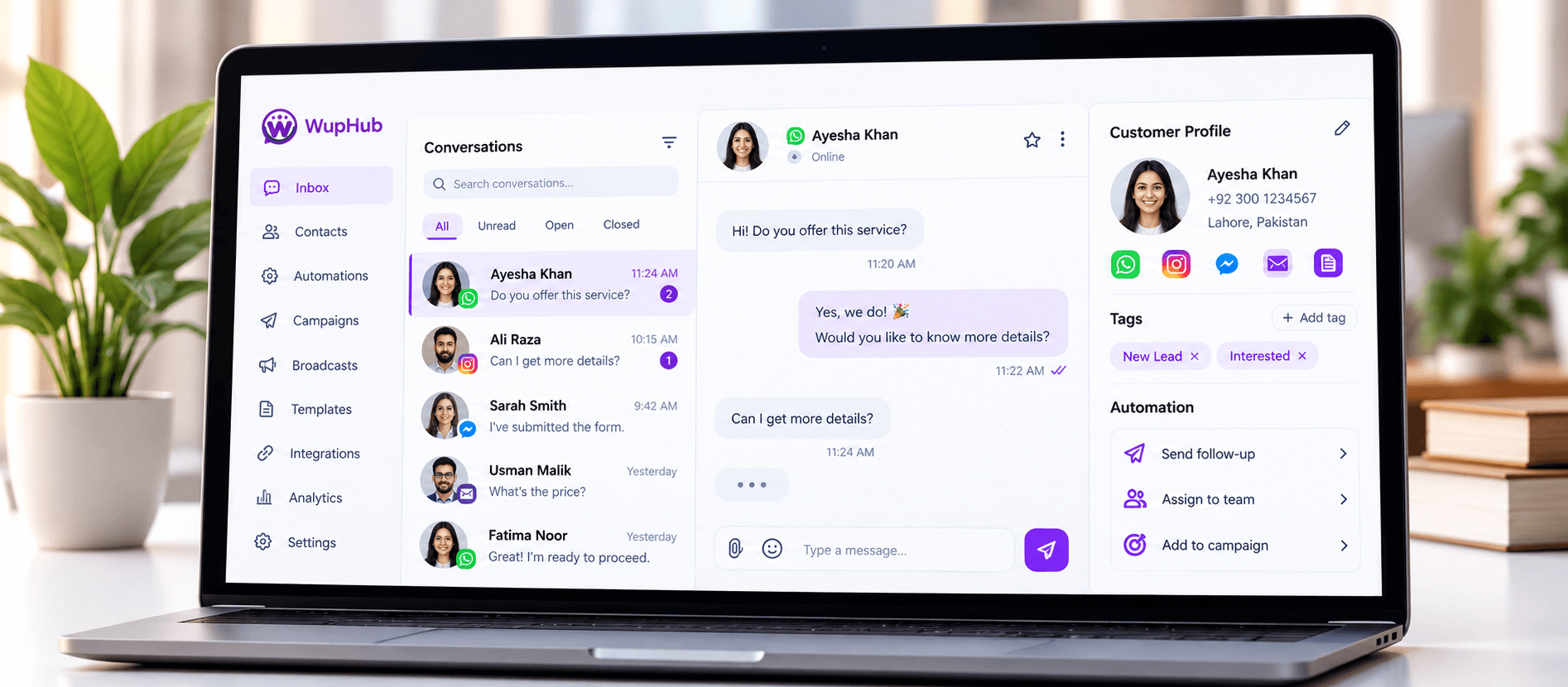 WupHub customer workspace shown on a laptop with one conversation history, tags and automation actions