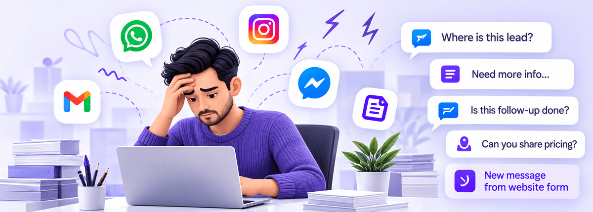A team member overwhelmed by customer conversations spread across WhatsApp, Instagram, Messenger, Gmail and website forms.
